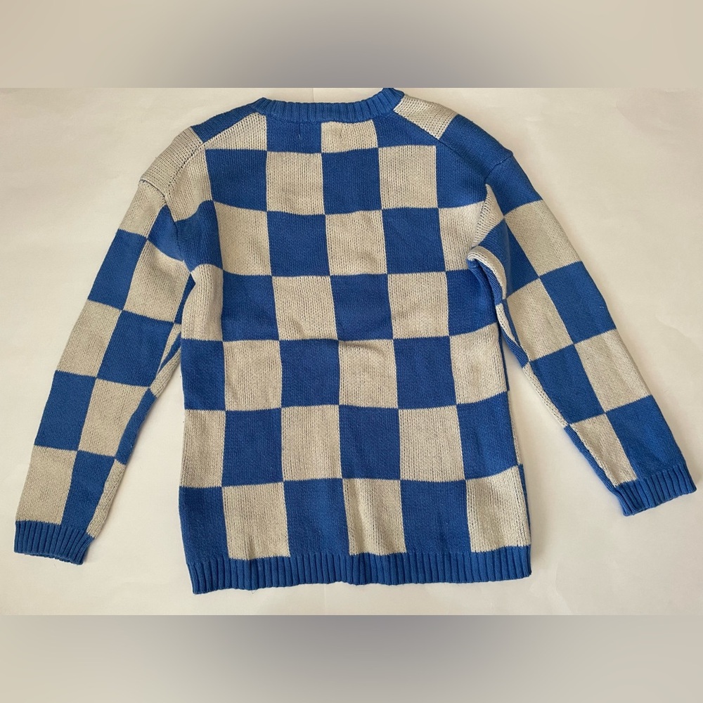H&M Blue & Cream Checkered Dinosaur Knit Sweater - Picture 2 of 4